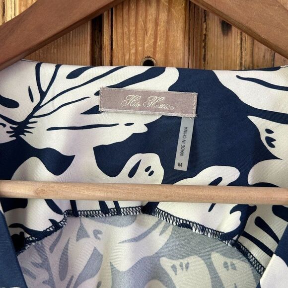 Hilo Hattie Women's Medium Navy Blue White Silk Hawaiian Dress Leaf Print‎ Tank - Picture 7 of 11